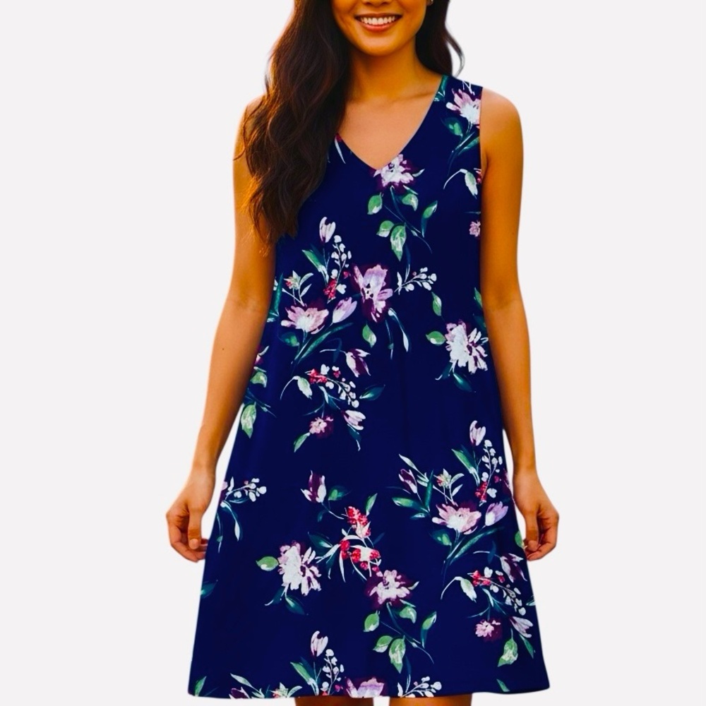 Renee C. Navy and Floral V-Neck Dress. Sz M
